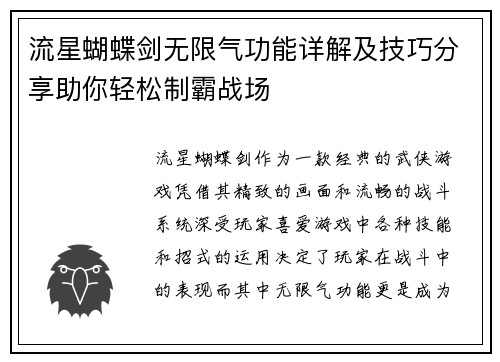 流星蝴蝶剑无限气功能详解及技巧分享助你轻松制霸战场